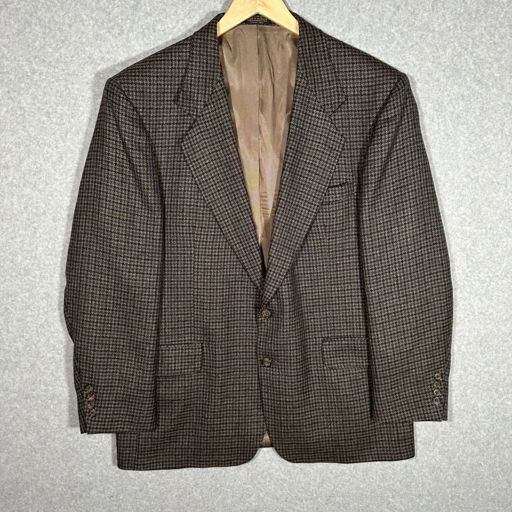 VTG Oscar de la Renta Mens Brown Houndstooth Wool Blazer Sport Coat 44R